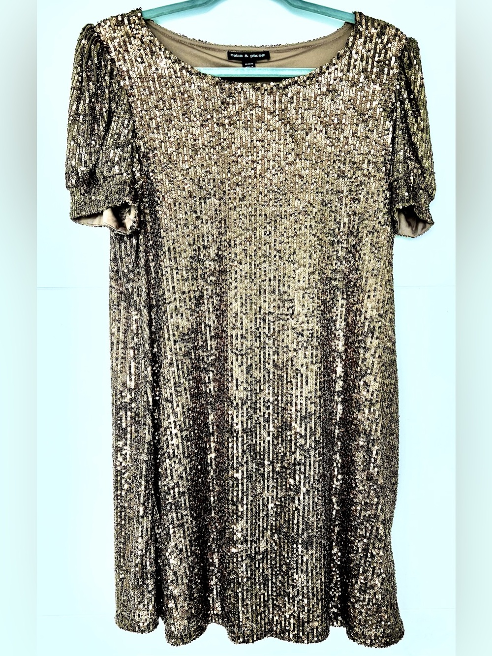 Cable & Gauge Champagne Gold Sequin Swing Dress Size M Puff Sleeve NWT